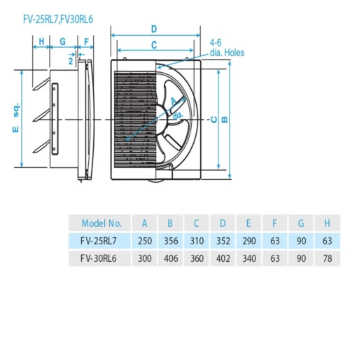 Quạt hút gắn tường Panasonic FV-25RL7-kích thước