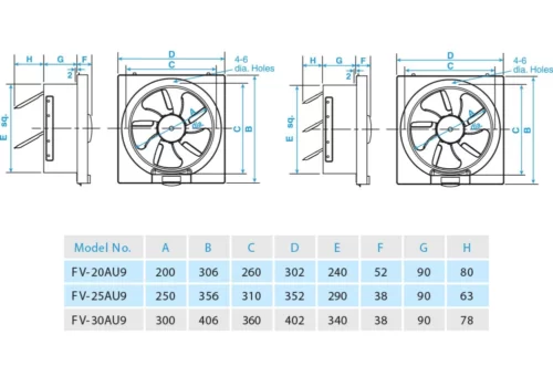 Quạt hút gắn tường Panasonic FV‑25AU9 - Kích thước